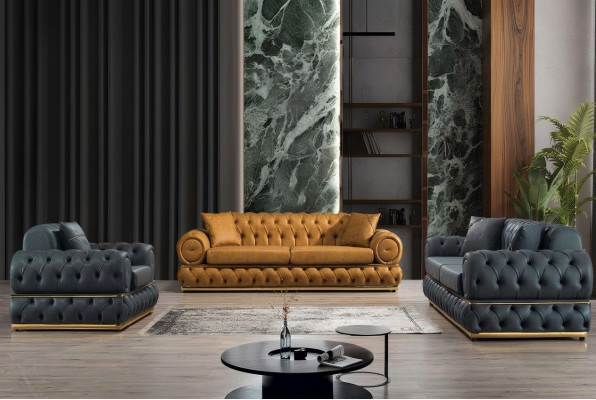 Sofagarnitur 3+3+1 Sitzer Garnitur Sofa Sessel Sofas Leder Luxus Chesterfield