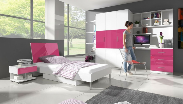 Rosa Kinderzimmer Set Bett Nachttisch Schrank Schreibtisch Bücherregal Neu 5tlg.