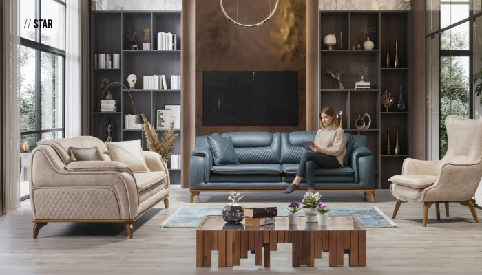 Sofagarnitur 3+3+1 Sitzer Blau Sessel Luxus Leder Sofa Couch Möbel Western Stil