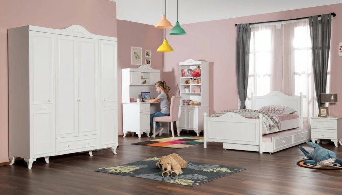 Landhaus Kinderzimmer Set Weiß Bett Nachttisch Schreibtisch Regal Schrank 5tlg.