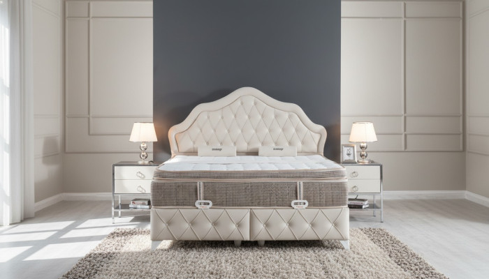 Schlafzimmer Set Weiß Bett Design Stil Modern 2x Nachttische Boxspring 3tlg. Neu