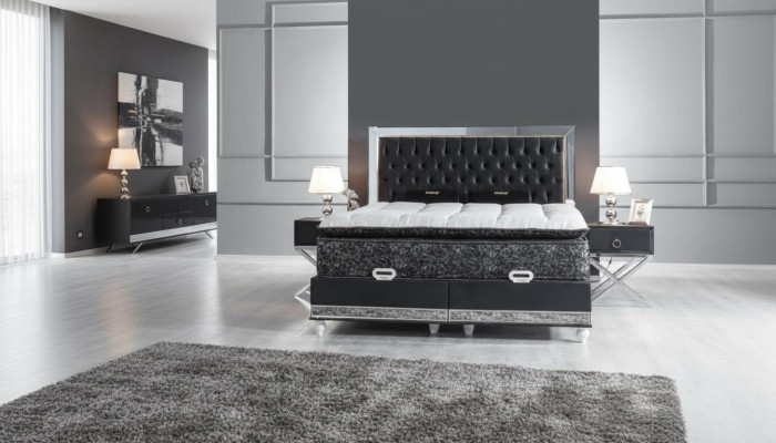 Schlafzimmer Set Schwarz Metall Bett 2x Nachttische Luxus Neu 3tlg.