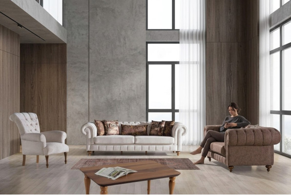 Weiß-Braune Chesterfield Sitzgruppe Designer Sofas Luxus Garnitur 3+2+1