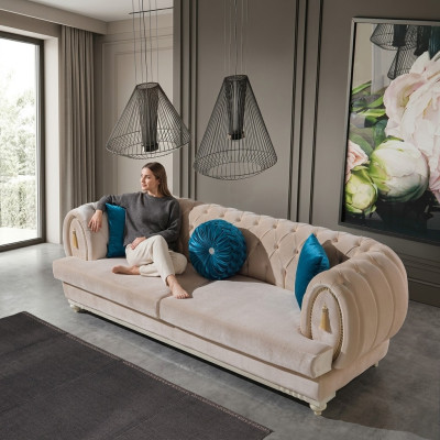 Beige Chesterfield Polster Couch Designer Dreisitzer Textilsofas 3-er