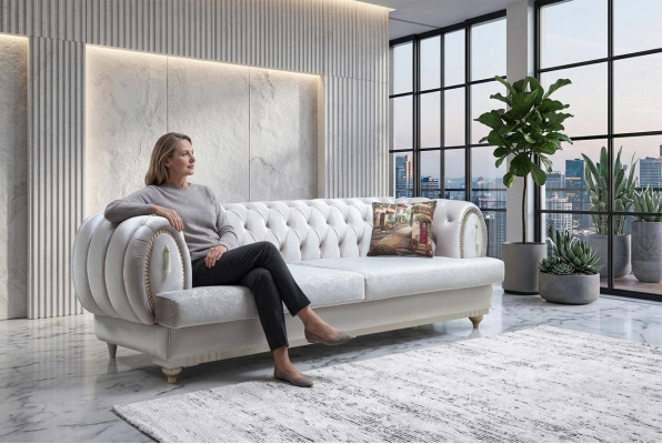 Weißer Chesterfield Dreisitzer Modernes Sofa Stilvolle Wohnzimmer Couch