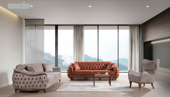Sofas Set Sofagarnitur Komplette Garnitur Sofa Sessel Orange 3+3+1 Sitz Möbel