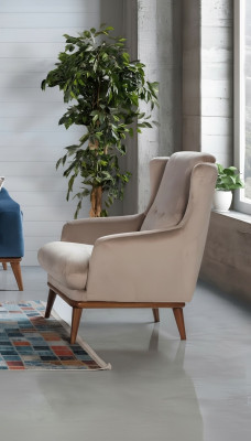 Beige Design Sessel Einsitzer Wohnzimmer Textil Stil Holz Möbel