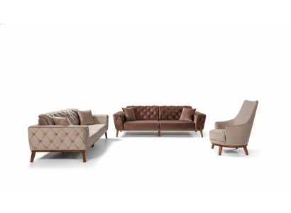 Sofagarnitur Sofa 3+3+1 Sitz Braun Sessel Stoff Chesterfield Samt