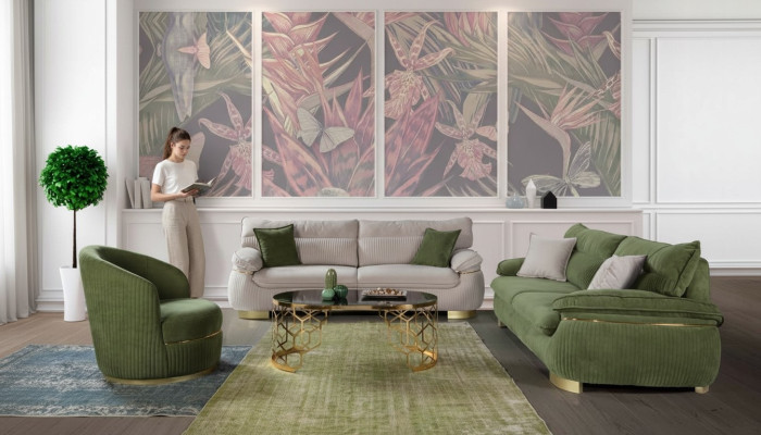 Sofagarnitur 3+3+1 Sitzer Sofa grau Couch Polster Garnitur Stoff Möbel