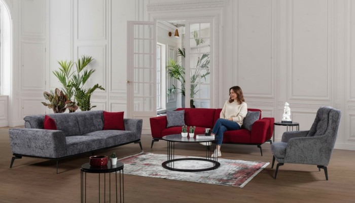 Sofagarnitur 331 Sitz Polster Sofa Wohnlandschaft Möbel Rot Grau