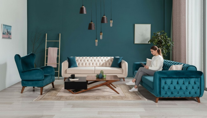 Sofas Set 3+3+1 Polster Couch Stoff Wohnzimmer Chesterfield 3tlg