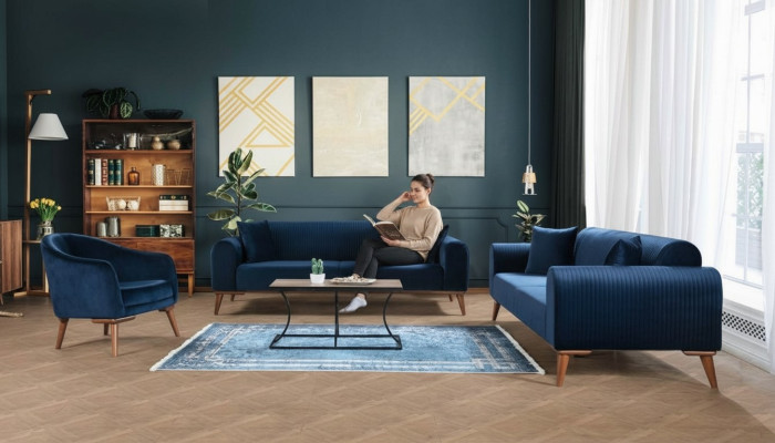 Sofagarnitur 3+3+1 Sitzer Sofa Sessel Royal Blaue Couch Samt 3tlg