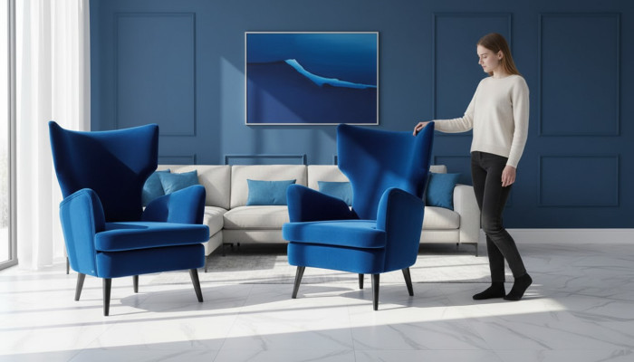 Sessel Lehnstuhl Ohrensessel 1 Sitzer Sitz Stoff Luxus Wohnzimmer Modern Blau