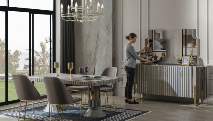 Garnitur Essgruppe Esszimmer Esstisch Luxus Stühle Essecke Grau 7tlg