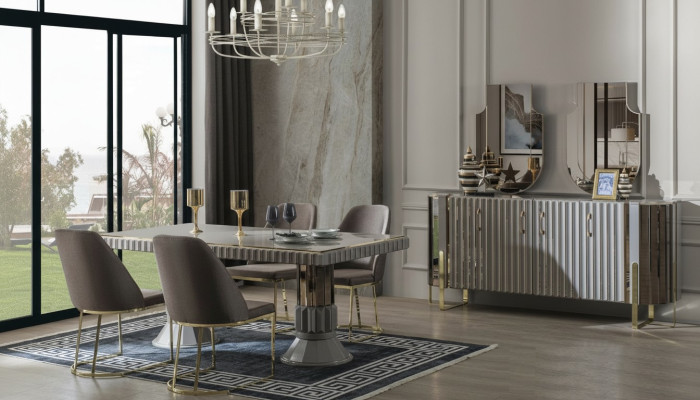 Garnitur Essgruppe Esszimmer Esstisch Luxus Stühle Essecke Grau 7tlg