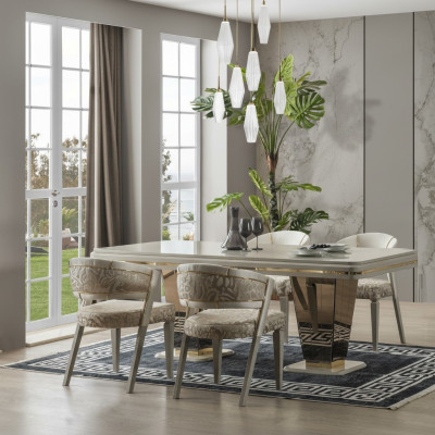 Essecke Luxus Essgruppe Esszimmer Esstisch Garnitur Stühle Beige 5tlg