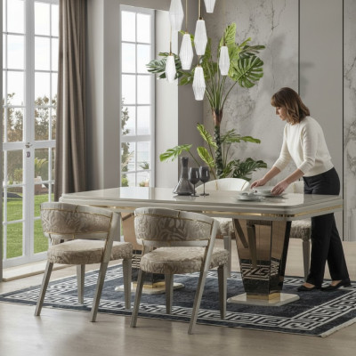 Garnitur Luxus Essgruppe Esszimmer Esstisch Stühle Essecke Beige 7tlg