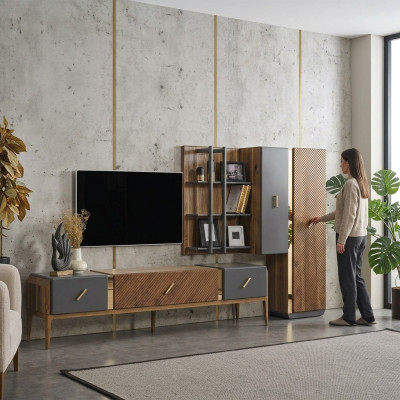 Set wall unit TV stand RTV lowboard sideboard shelves wood brown