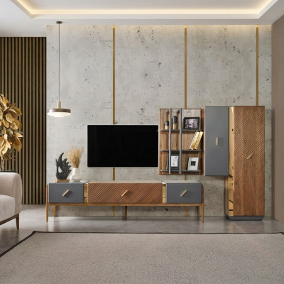 Set wall unit TV stand RTV lowboard sideboard shelves wood brown