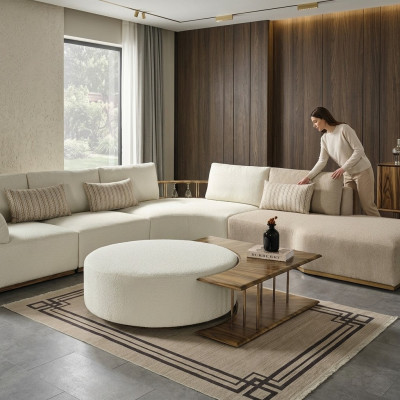 Couchtisch Tisch Beistelltisch Wohnzimmer Modern Weiß Rund Stoff Holz