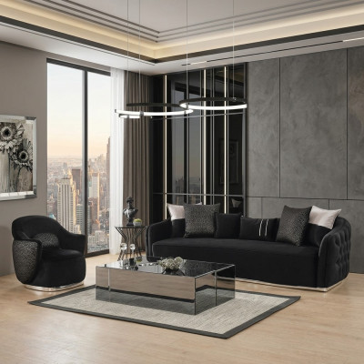 Sofagarnitur Sofa 4 Sitzer Sessel Viersitzer Stoff Schwarz Polyester