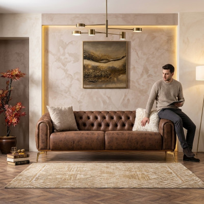 Chesterfield Viersitzer Sofa 4 Sitzer Sitz Polyester Braun Kunstleder