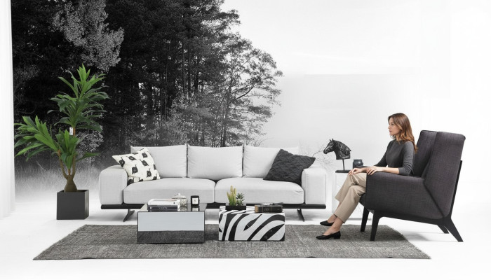 Sofagarnitur Sofa 2 Sitzer Sessel Zweisitzer Grau Modern Stoff Set