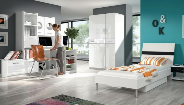 Weißes Kinderzimmer Set Schrank Kommode Tisch Holz Hochglanz 5tlg.