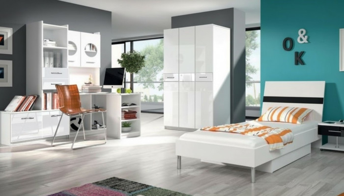 Weißes Kinderzimmer Set Schrank Kommode Tisch Holz Hochglanz 5tlg.