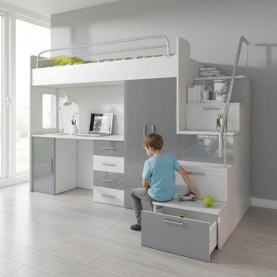 Doppelstockbett Grau Tisch Schrank Multifunktion Etagen Hochbett Kinderzimmer
