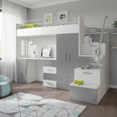 Doppelstockbett Grau Tisch Schrank Multifunktion Etagen Hochbett Kinderzimmer