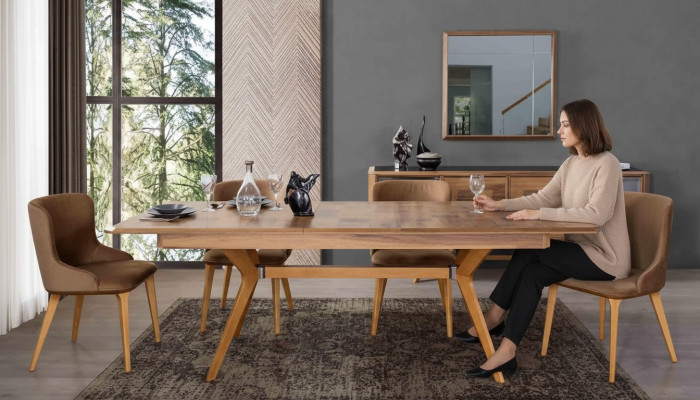 Designer Holz Ess Esszimmer Set Tisch 4x Lehn Stühle Set Garnitur Polster 5tlg