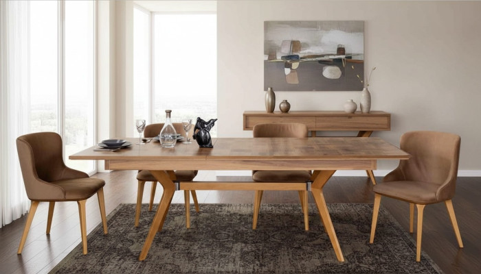 Designer Holz Ess Esszimmer Set Tisch 4x Lehn Stühle Set Garnitur Polster 5tlg