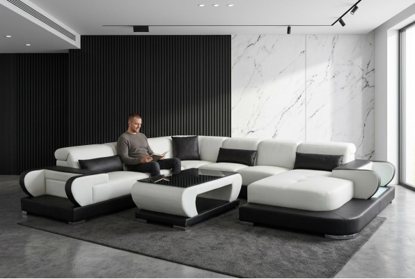 Couch Ecksofa mit USB Leder Wohnlandschaft Garnitur Design Modern Sofa +Tisch