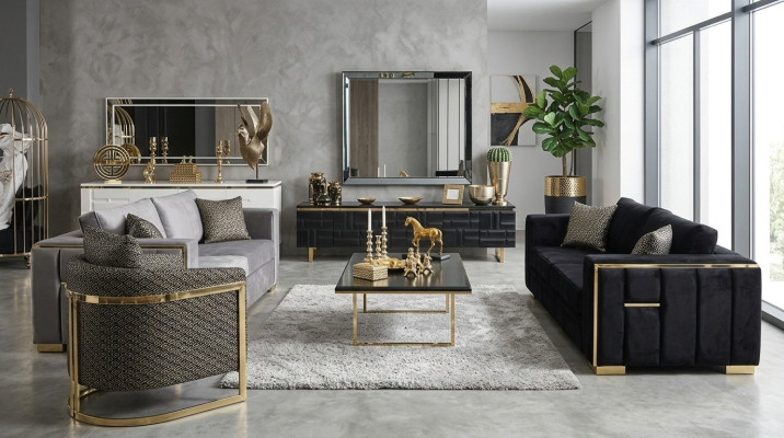 Sofagarnitur 3+3 Sitzer Sofa Sessel Sofas Luxus Garnitur Set Samt Stoff Gruppe