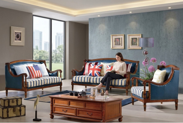Amerikanische Sofagarnitur Ledersofa Couch Polster 321 Sitzer Holz Empire Möbel