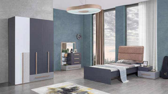Jugendzimmer Set Grau Bett Nachttisch Kleiderschrank Design Neu 4tlg.