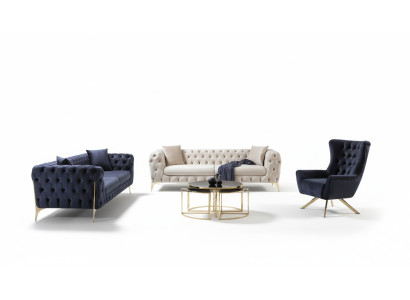 Sofagarnitur Blau Sofa Luxus Sofas Sessel 3+3+1 Sitzer Chesterfield Design Samt