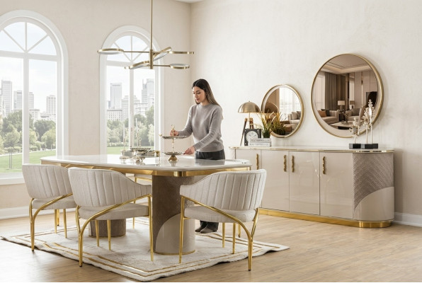 Esszimmer Set 10tlg. Garnitur Luxus Tisch 6x Stuhl Anrichte Spiegel Möbel Holz