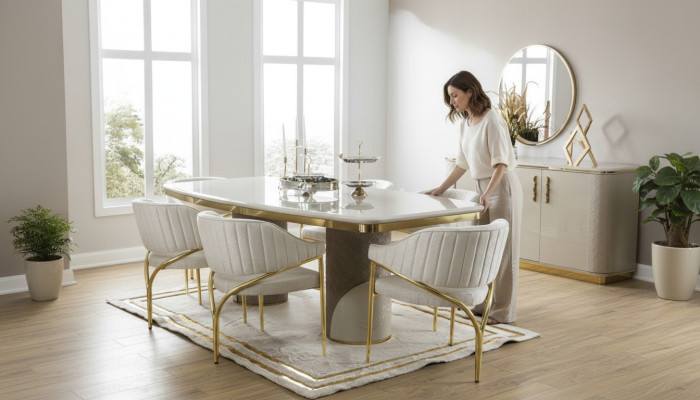 Luxus Esszimmer Einrichtung Tisch mit 6 Stühlen Metall Gruppe 7tlg Metall