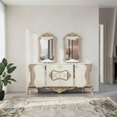 Anrichte mit Spiegel Garnitur Ess Barock Kommoden Holz Kommode Holz Schrank Neu