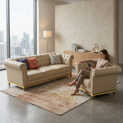 Luxus Sofa Beige Sofagarnitur Sofas Sessel 3+1 Sitzer Stoff Design