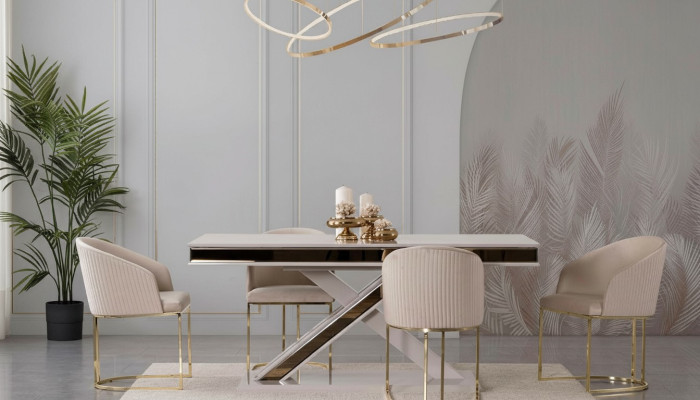 Säulen Tisch Essgruppe Tisch mit 6x Lehnstühlen Esszimmer Stühle 7tlg