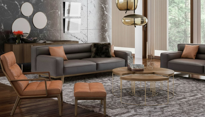 Braune Wohnzimmer Sitzgarnitur Luxuriöser 3-Sitzer Stivloller Sessel Polsterhocker