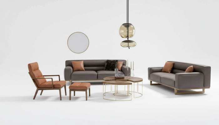 Braune Wohnzimmer Sitzgarnitur Luxuriöser 3-Sitzer Stivloller Sessel Polsterhocker