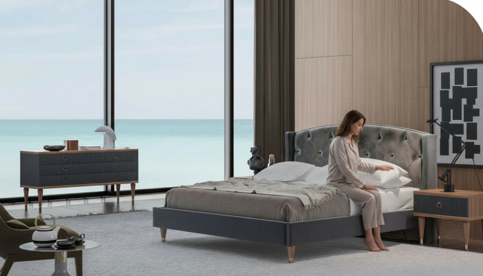 Graue Schlafzimmer Garnitur Luxus Set Doppelbett 2x Nachttische Kommode