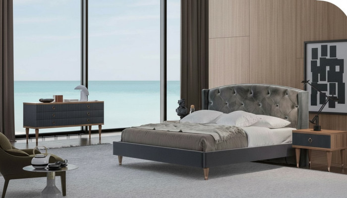 Graue Schlafzimmer Garnitur Luxus Set Doppelbett 2x Nachttische Kommode