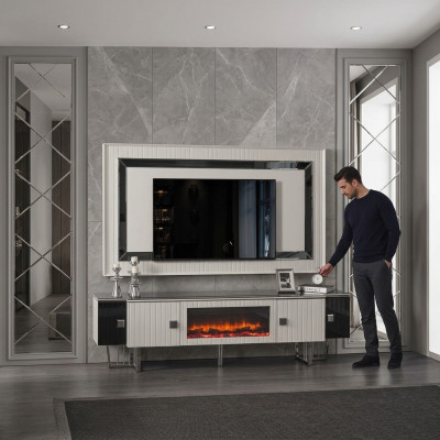 Luxus Sidebaord Wohnwand mit Kamin Fernseher Ständer tv Board Wand Wohnwände