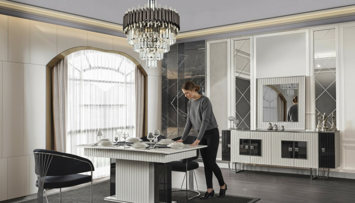 Luxus Esszimmer Garnitur Esstisch mit 6x Lehnstühlen Kommode Spiegel 8tlg