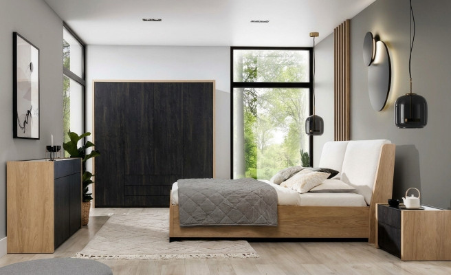 Schlafzimmer Set Beige Bett 2x Nachttische Kommode Kleiderschrank Modern 5tlg.